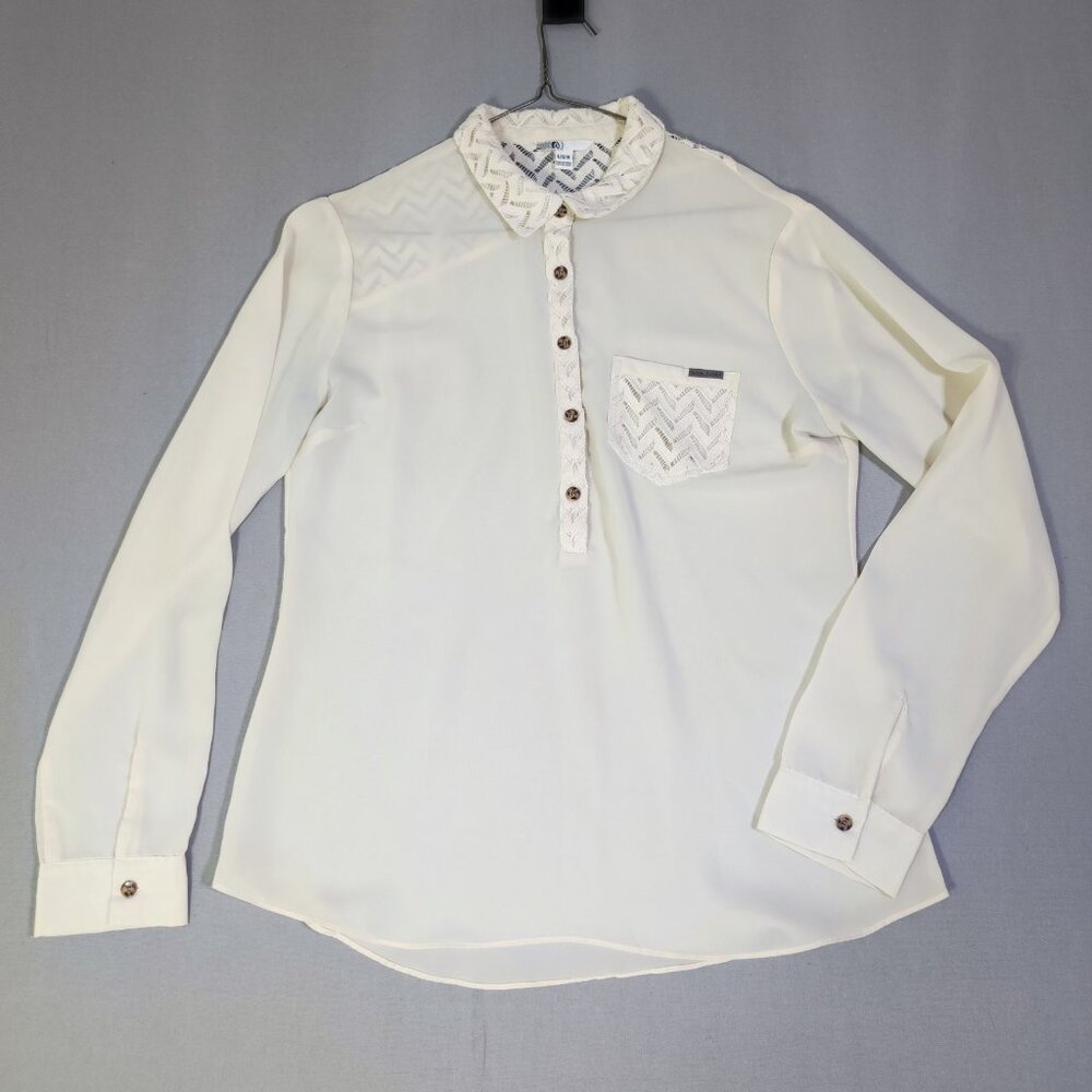 Volcom 1/4 bottom down blouse women's size L (14) cream colour see through thin